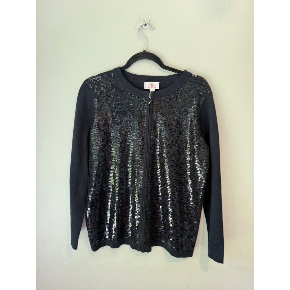 Quacker Factory Womens Black Sequin Zip Front Cardigan Sweater Small
